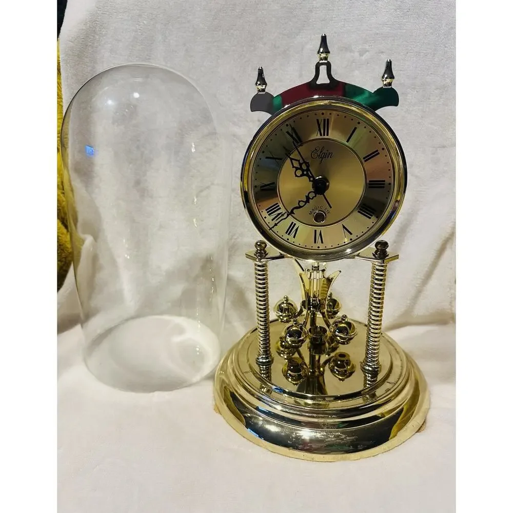 Elgin Magic Eye Anniversary Glass Dome Quartz Rotating Pendulum Clock Vintage